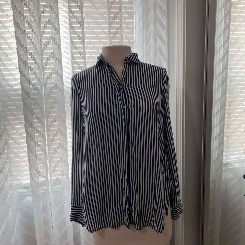 Black and White Striped Button-Up Blouse